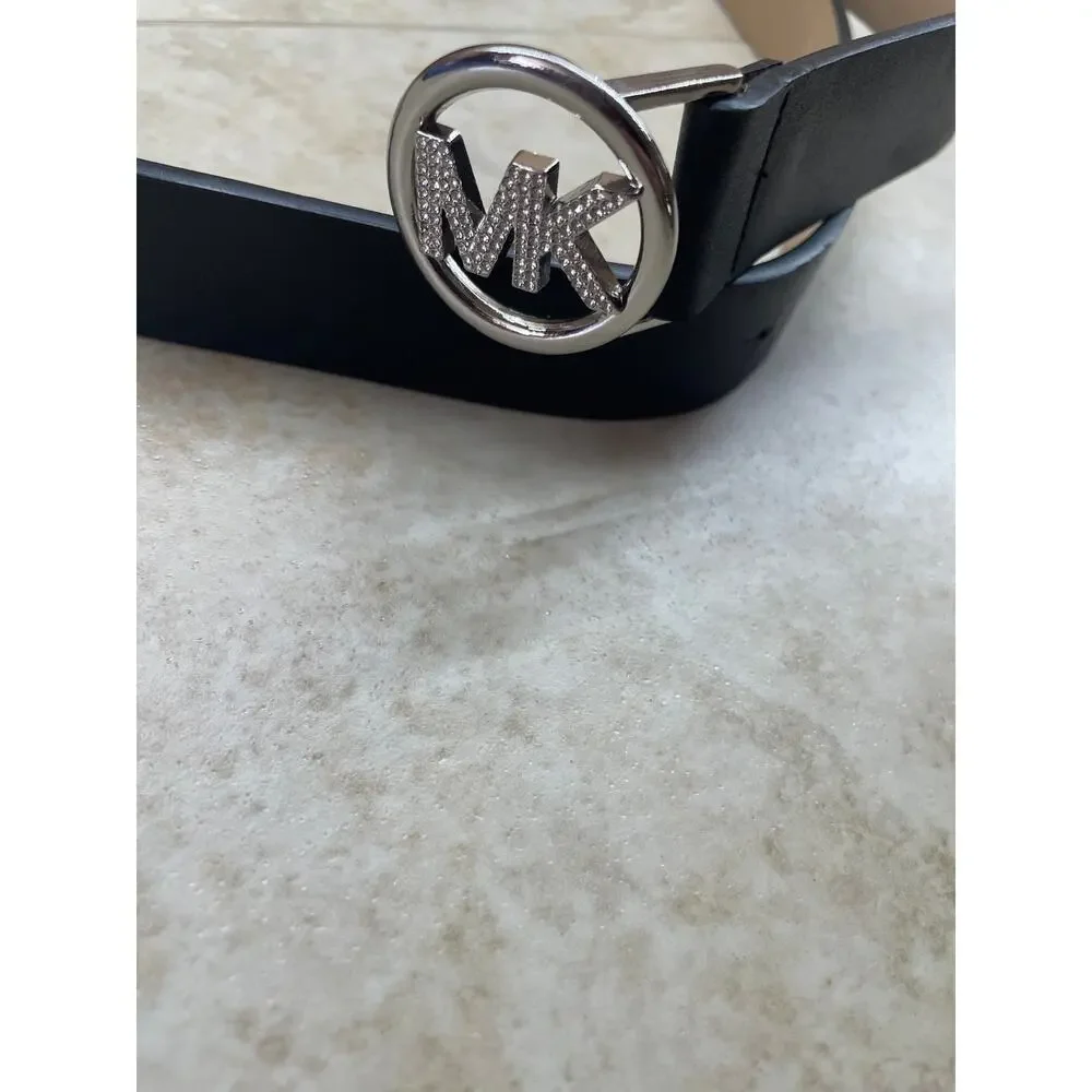 Belt Michael Michael Kors L-XL MK Logo Black Leather Rhinestone Buckle 1” approx